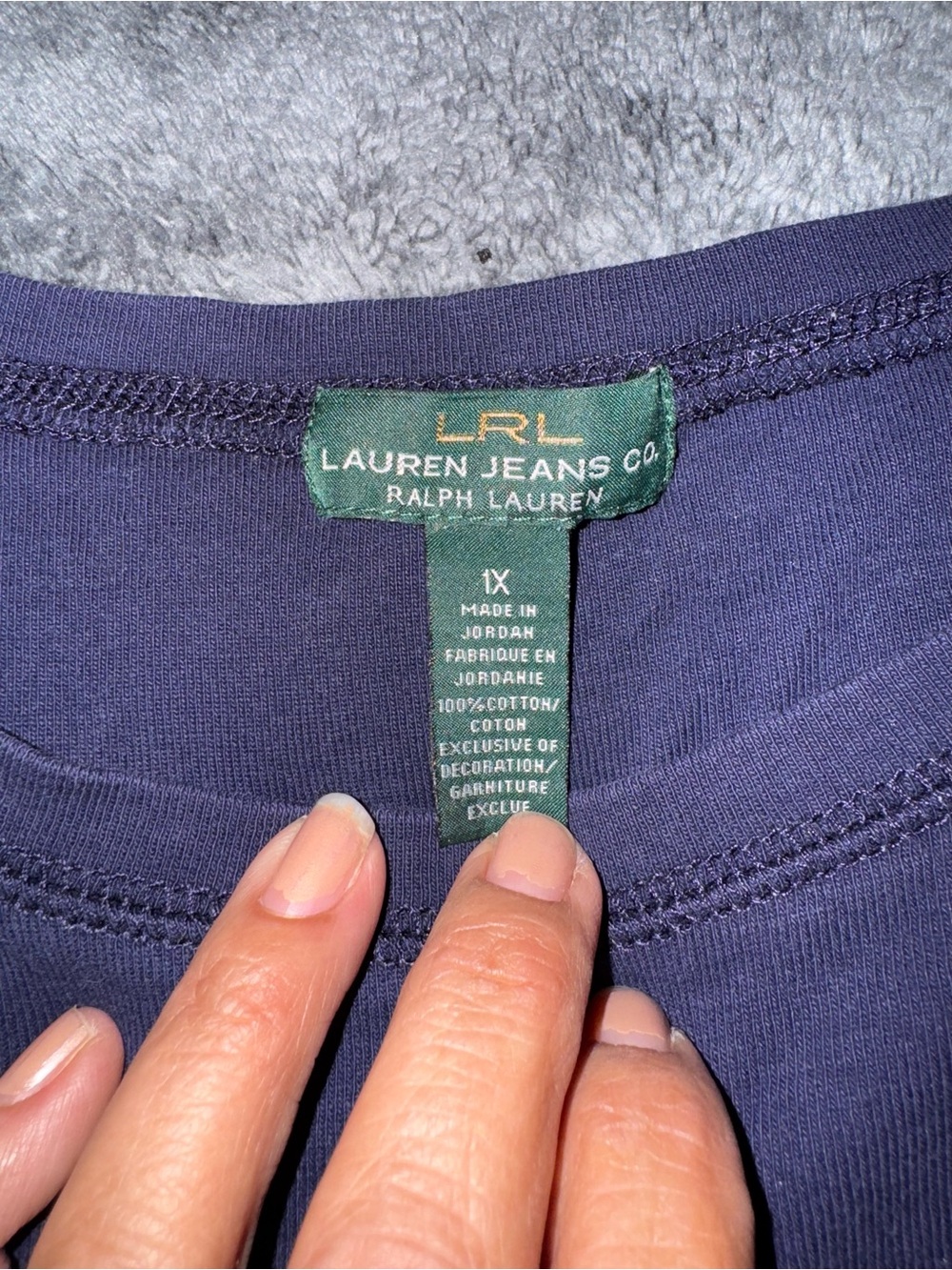 Lauren Ralph Lauren Navy Blue Long Sleeve Top with Brown Shoulder Detail - Picture 3 of 5